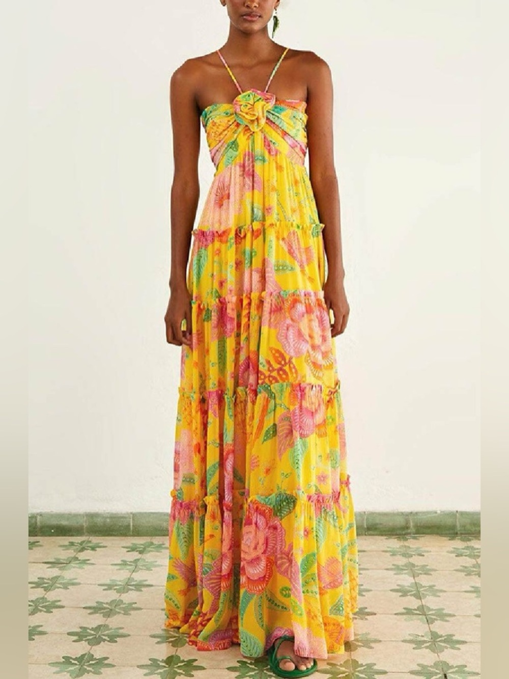 FARM Rio Yellow Floral Maxi Dress with Pink & Green Print